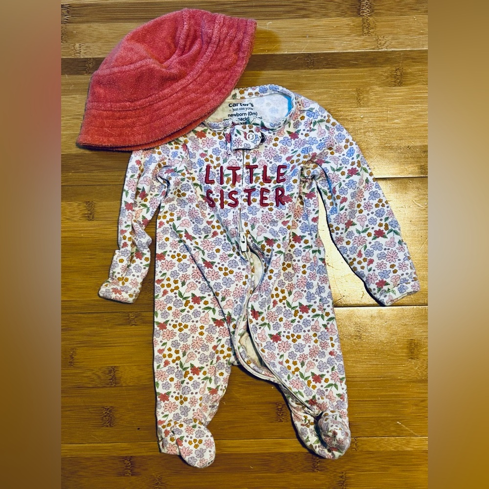 EUC 2 PIECE BUNDLE - Disney Hat & Carter’s Little Sister Floral One Piece - NB
